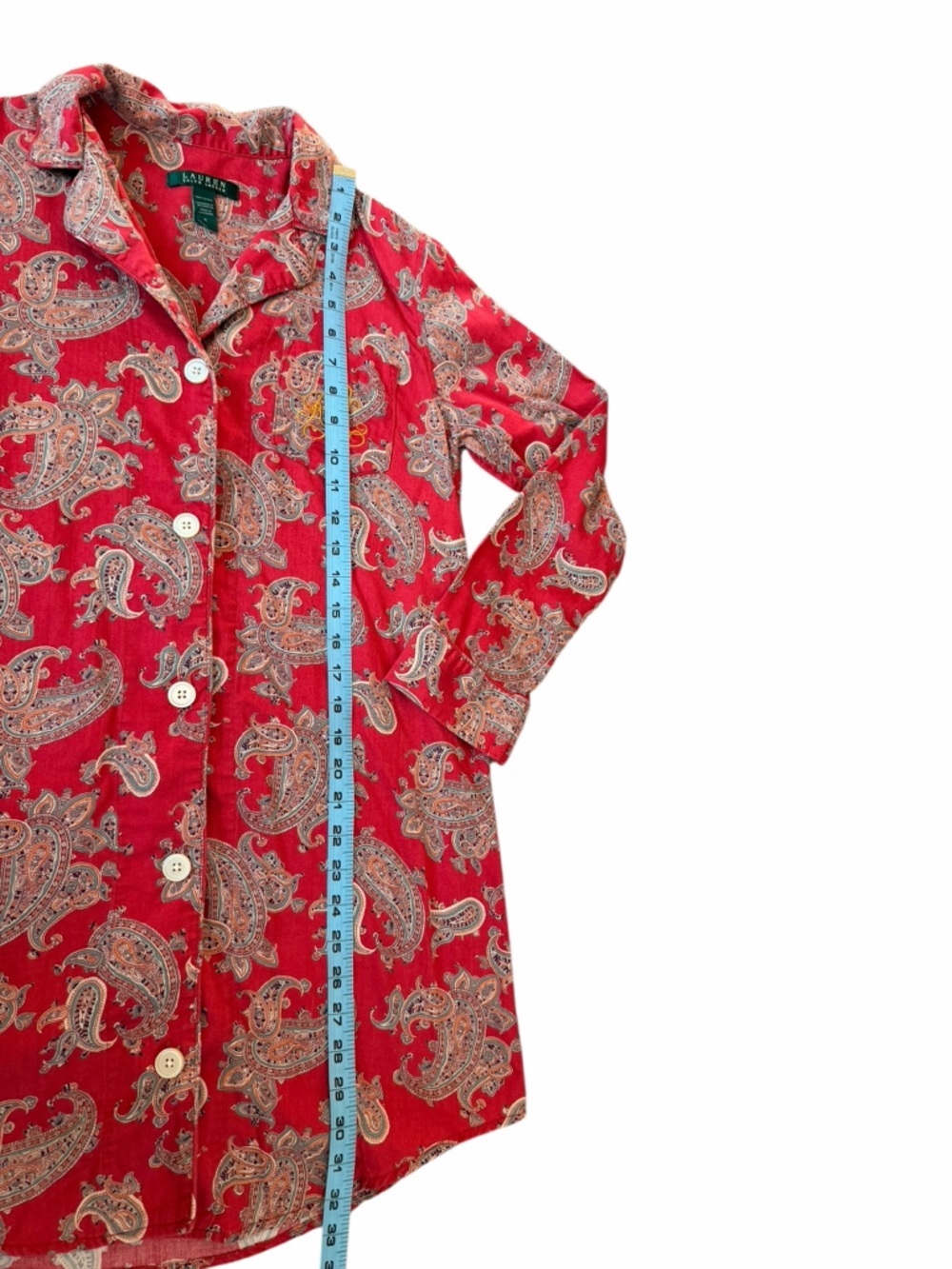 Lauren Ralph Lauren Red Paisley Long Button Down Sleep Shirt Women’s Sz Small - Picture 9 of 9